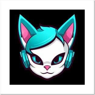 Cartoon Cat with Headphones Posters and Art